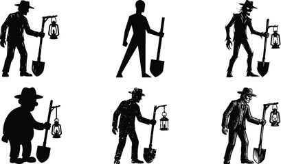 Gravedigger silhouettes with shovel and lantern, spooky night worker illustration set collection © Bokul Creatives