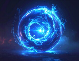 Glowing sphere of vibrant blue energy. Concentric lines and lights