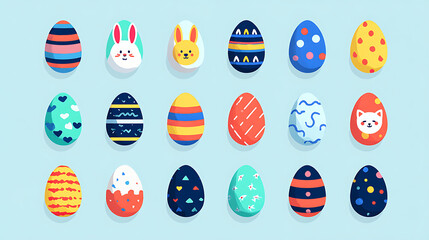 Assortment of Colorful Cartoon Easter Eggs on Light Blue