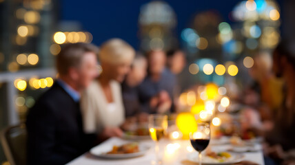 People dine joyfully together at a rooftop table. City lights glow in the distance Generative AI