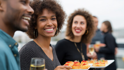 Friends on rooftop: food, drinks, laughter Generative AI