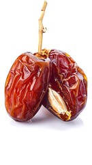 Dates on a branch; one is halved showing the pit. Isolated on white, a clean close-up