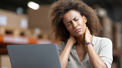 She feels neck pain while working. The woman is in front of a laptop in what looks like an office Generative AI