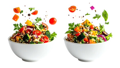 Two vibrant salad bowls with assorted fresh vegetables suspended