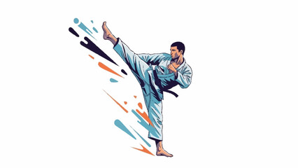 Dynamic Martial Arts Illustration of a Man in Action Pose with Vibrant Splashes
