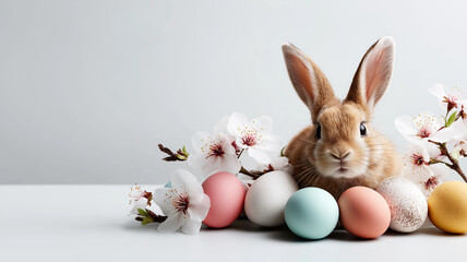 A fluffy Easter bunny peeks from behind colorful painted eggs and delicate white Spring flowers Generative AI