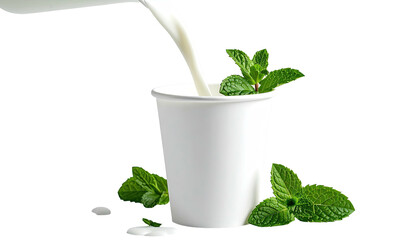 Stream of liquid fills a paper cup, mint leaves arranged around