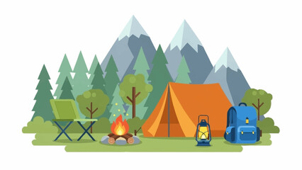 Naklejka premium Camping scene with tent, campfire, and mountains in the background