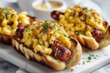 Gourmet Mac and Cheese Hot Dogs: Grilled sausage in toasted buns loaded with creamy cheddar pasta, crispy breadcrumbs, and fresh parsley, served on a white platter.