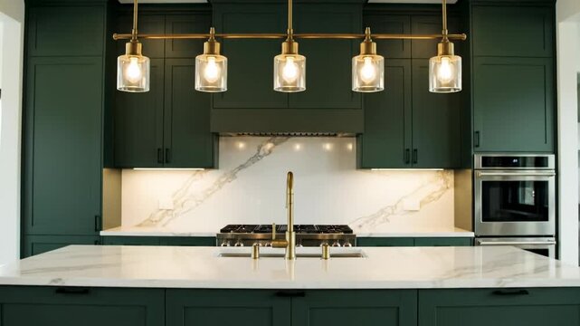 Smooth vertical tilt up revealing modern green kitchen cabinets and overhead lighting, beginning from a highly textured rustic wooden foreground vertical, furniture, background