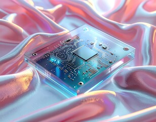 Microchip with blue lights over a ruffled, pink and silver fabric