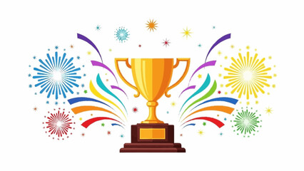 Vibrant celebration trophy surrounded by colorful fireworks and sparks