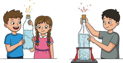 Children science experiment with bottle reaction, kids learning chemistry through fizzy liquid experiment, STEM education, teamwork, outdoor fun activity