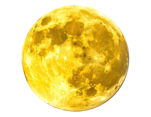 A vibrant, detailed full moon rendered in warm gold tones against black