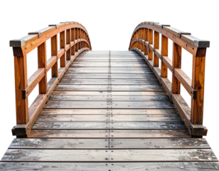 Wooden arched bridge with a pathway over a dark backdrop