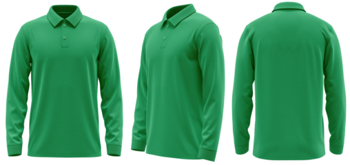 Polo shirt long sleeve with cuff and rib collar, men’s style, 2-button placket. High-quality apparel design. Green Color