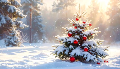 A snow-covered evergreen tree is adorned with red ornaments, set against a sunlit snowy forest backdrop