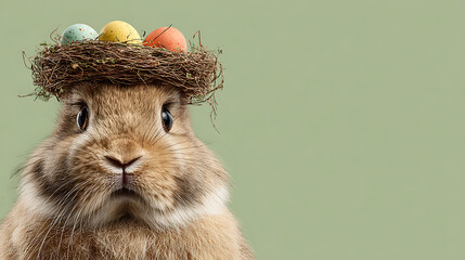 Brown Rabbit with Nest and Colorful Easter Eggs on Head