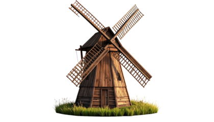 Rustic wooden windmill with blades against a solid black background