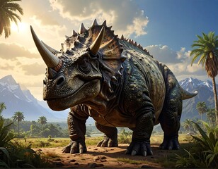 Fototapeta premium Large triceratops walks through sunny prehistoric landscape with palm trees