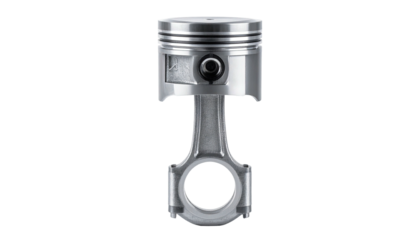 Metallic piston and connecting rod isolated on a stark black background