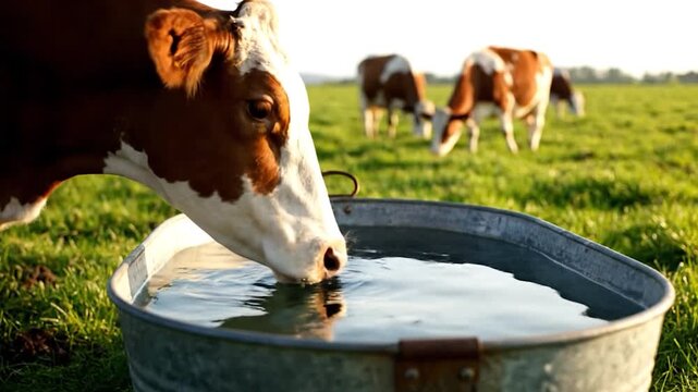 A cow drinks from a metal water trough with other cows in the grassy pasture