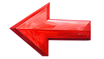 Glossy, bright red arrow pointing left on a stark black background