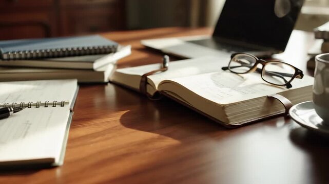 Smooth, soft focus slow pan over open generic workbooks and notebooks resting on a polished wooden surface signifying quiet, focused study and educational commitment diligence, open, training