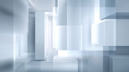 Abstract composition of translucent cubes in a soft blue and gray palette with subtle light reflections to create a modern digital background