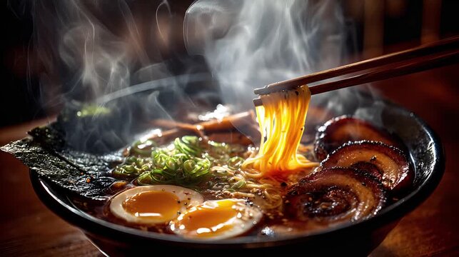 Steaming bowl of authentic ramen, featuring rich broth, springy noodles, a marinated soft-boiled egg, nori, green onions, and slices of chashu pork, capturing the essence of comforting Japanese cuisin