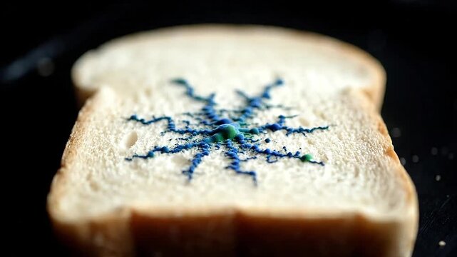 A slice of bread with a blue star-shaped design on a dark background