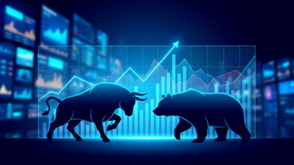 Bull and Bear Market Concept with Digital Financial Graphs