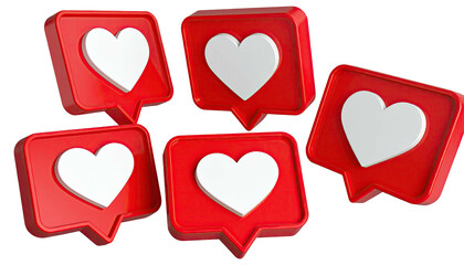 Red & white 3D heart shapes in comment bubble icons, arranged on black