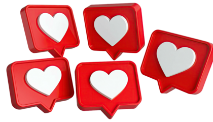 Red & white 3D heart shapes in comment bubble icons, arranged on black