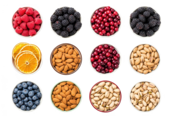Assortment of berries, nuts, and dried fruit isolated on transparent background