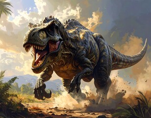 Large Tyrannosaurus Rex charging at viewer in a prehistoric landscape