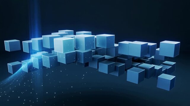 Futuristic digital network of glowing 3D cubes floating in a dark virtual space with particle effects