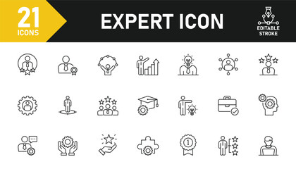 Expert line icon set. Set of 21 outline icons related to skill, expert, talent, expertise, specialist, experience, thinking and others. Editable stroke. Vector illustration.