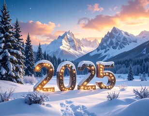 Illuminated 2025 sign in a snowy winter mountain landscape