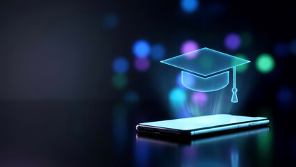 Digital Learning Concept Holographic Graduation Cap from Smartphone