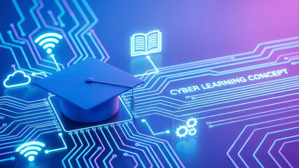 Cyber Learning Concept with Digital Circuitry and Graduation Cap