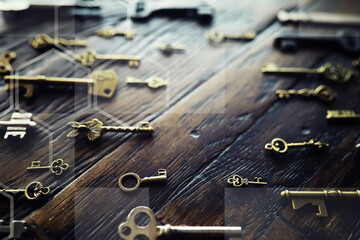  Antique door locks and keys on an old background. Old padlock and key. set as a symbol of security, closeness, history, protection, safety etc. Conceptual background.