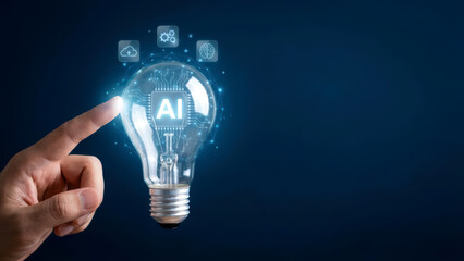 Artificial Intelligence Innovation Concept with Hand Touching Glowing AI Light Bulb