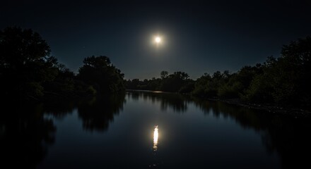 Serene Night Landscape of Full Moon Over Calm River Surrounded by Dark Forest