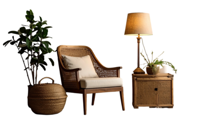 Cozy interior scene with woven chair, lamp, side table, plants