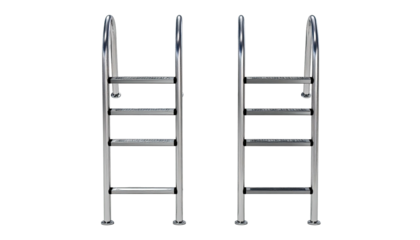 Two parallel metallic ladders with steps, against black background
