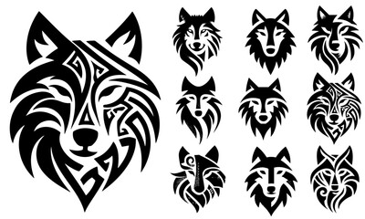 Obraz premium Wolf silhouettes set isolated on white background. Wolf head logo template