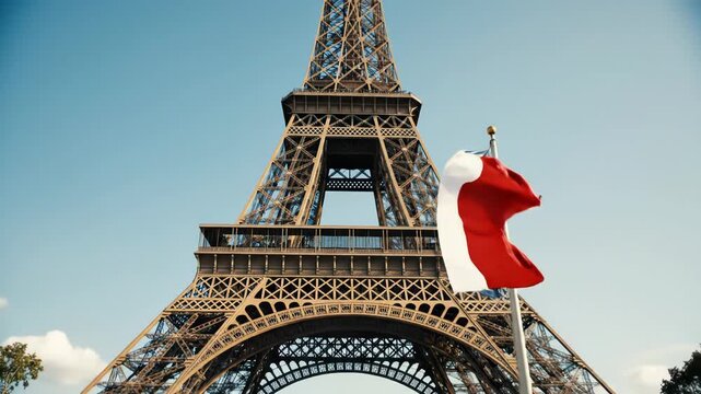 Eiffel Tower with Red and White Flag Against Clear Blue Sky