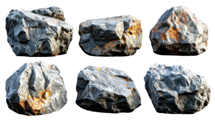 Six rugged gray stones with orange rust spots, various angles and shapes