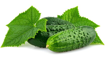 Two green cucumbers with leaves are isolated on a white background, lit showing textures and colors